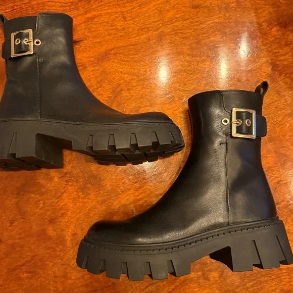 Steve Madden Sameera Black Leather Festival Platform Lug Sole Moto Boots Size 8 - Picture 7 of 15